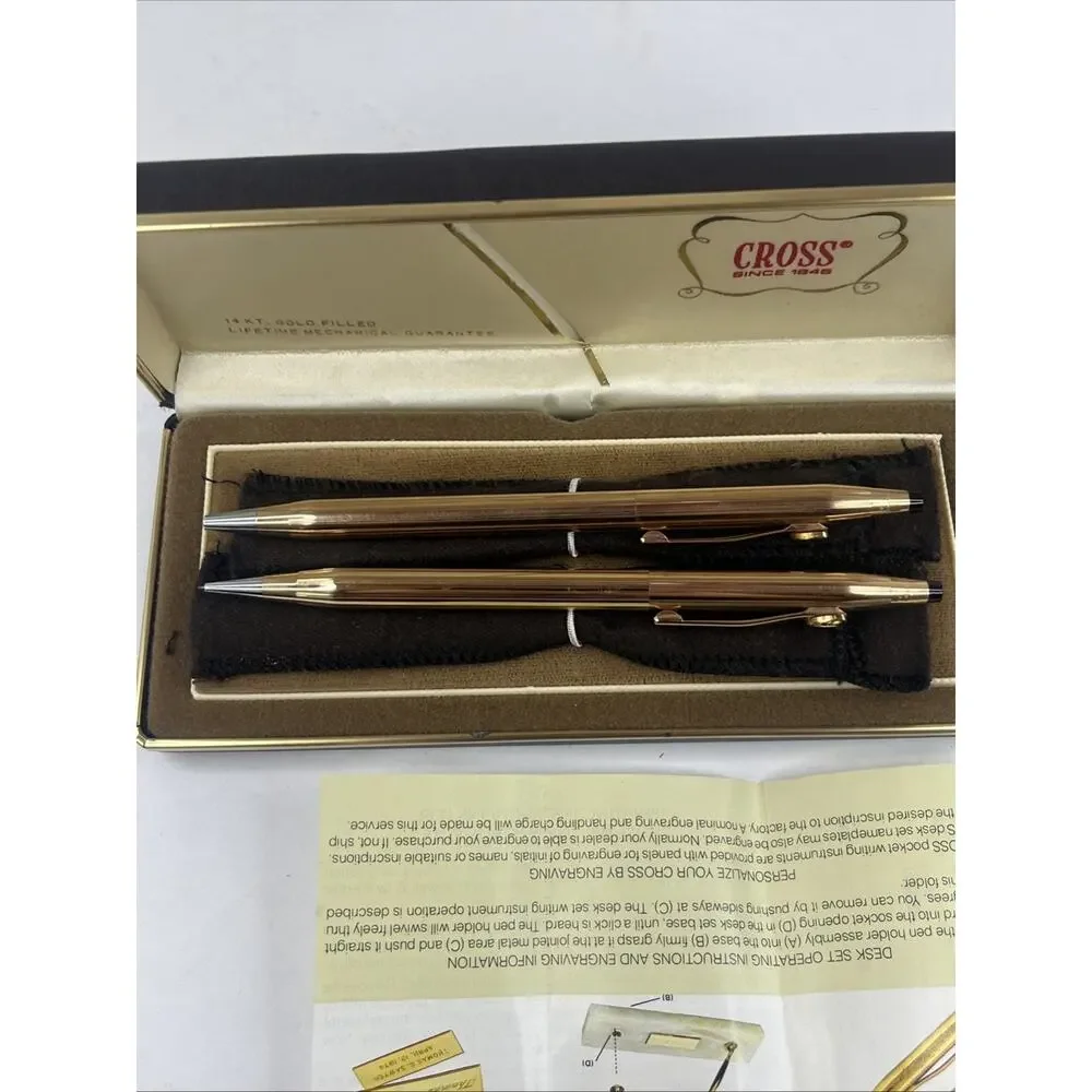 Vintage CROSS 14K & 12K Gold Fill Pen/Pencil Set w/Case & Booklet-Pen Needs Work